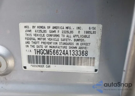 2004 Honda Accord Ex z USA, uszkodzony, nr VIN 1HGCM56624A133368